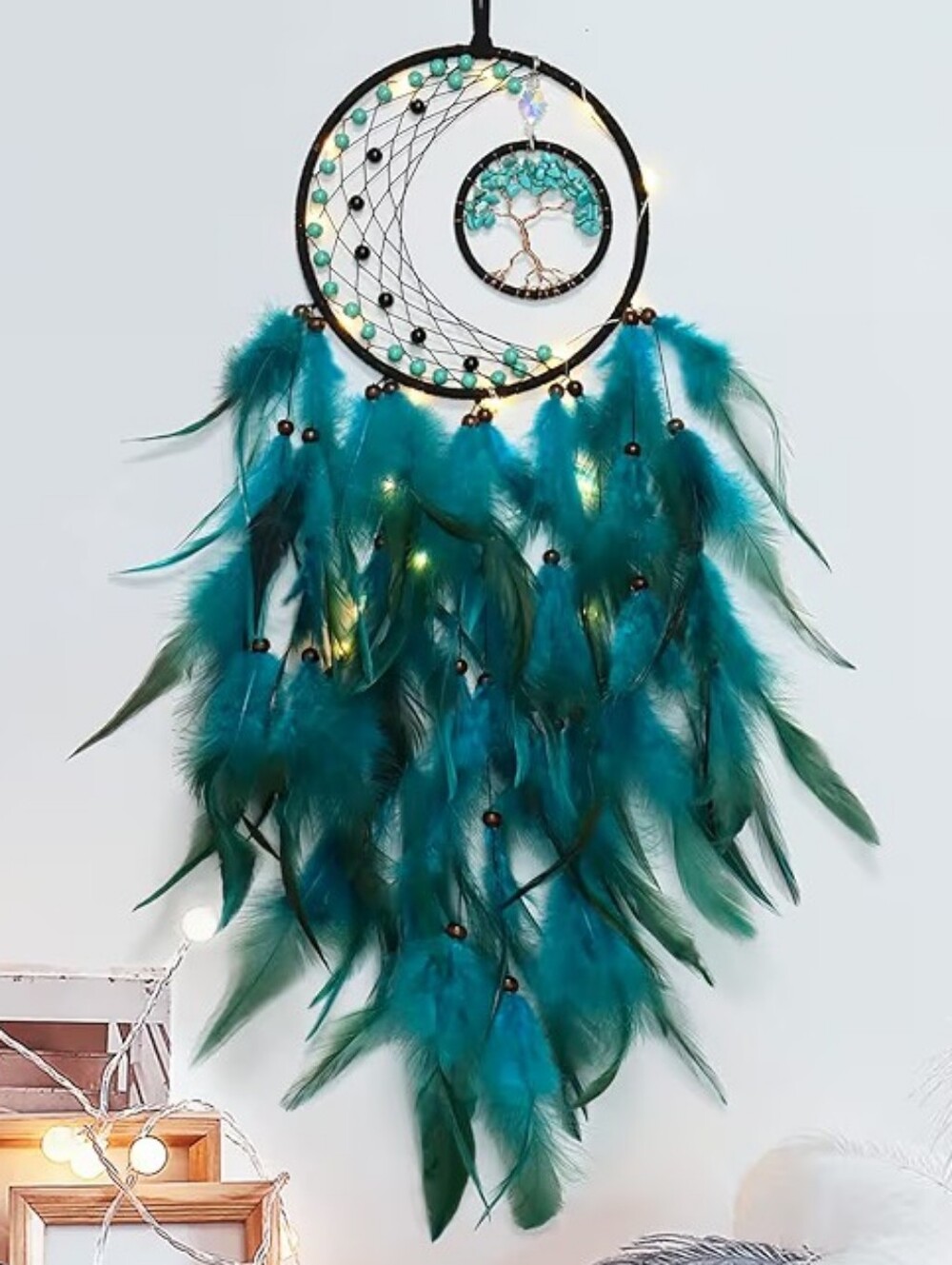 NWT LED Light Up Blue Green Tree of Life Dreamcatcher Feather Wall Hanging Boho